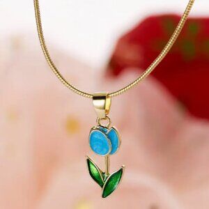 14K Gold Plated Enamel Necklace in Blue